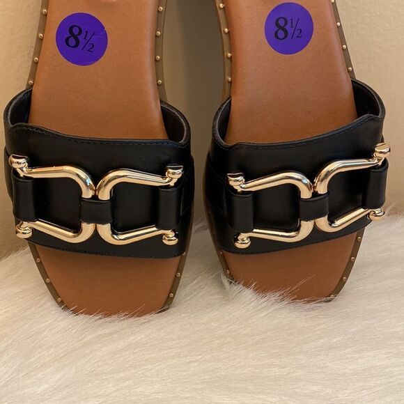 NWT Steve Madden Alita Black w/ Gold Tone Buckle Slide Sandals - Various Sizes - Picture 4 of 13